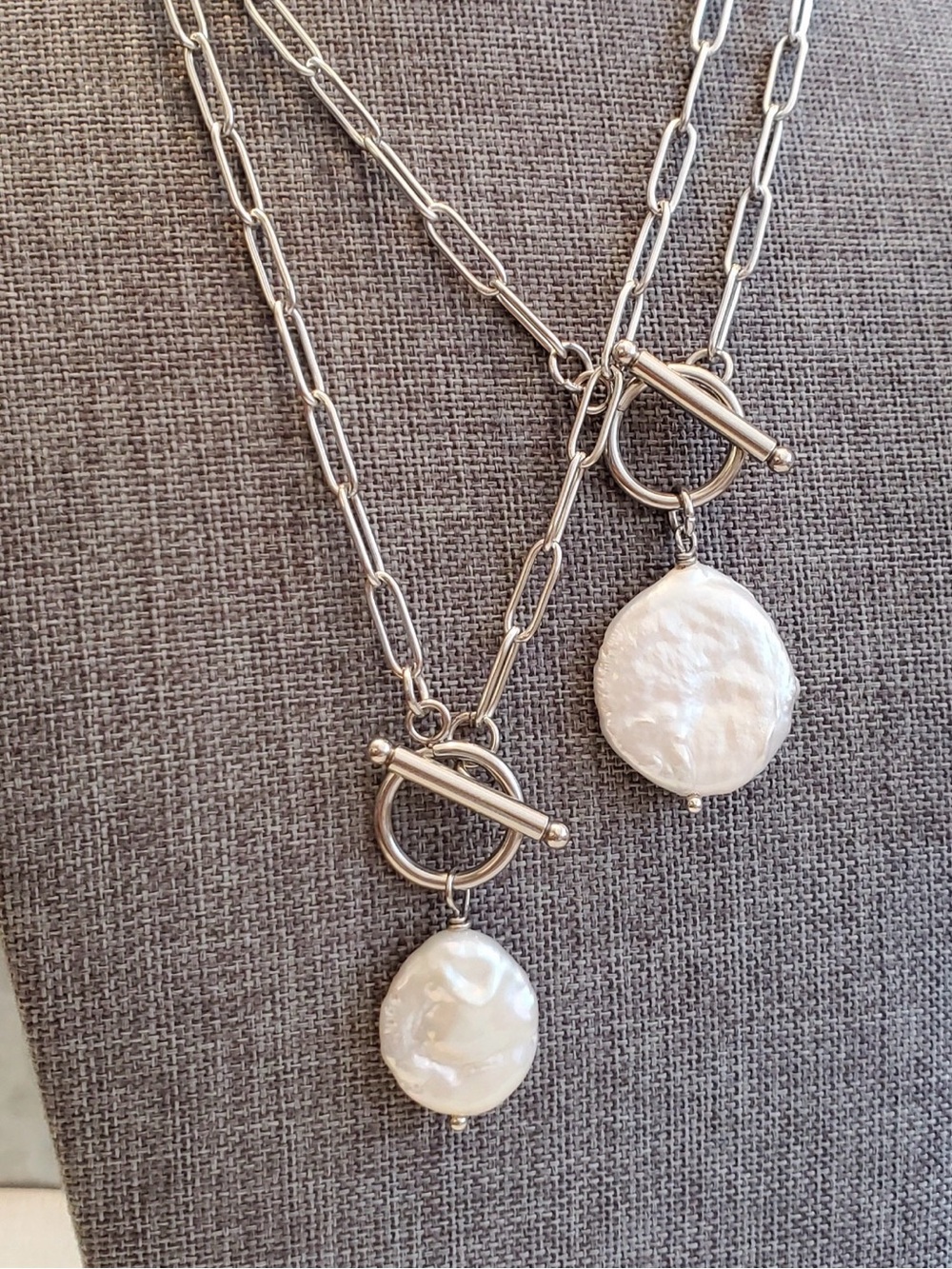 Silver Chain Necklace with White Baroque Pearl Pendant